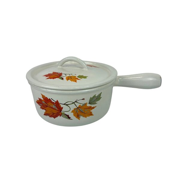 Vintage Descoware Belgium White Enamelware Saucepan With Lid Autumn Leaf Design - Picture 1 of 10